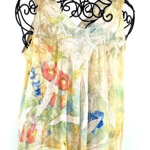 Vintage Sienna SummerYellow & Green Flowered Sleeveless Sheer Top
